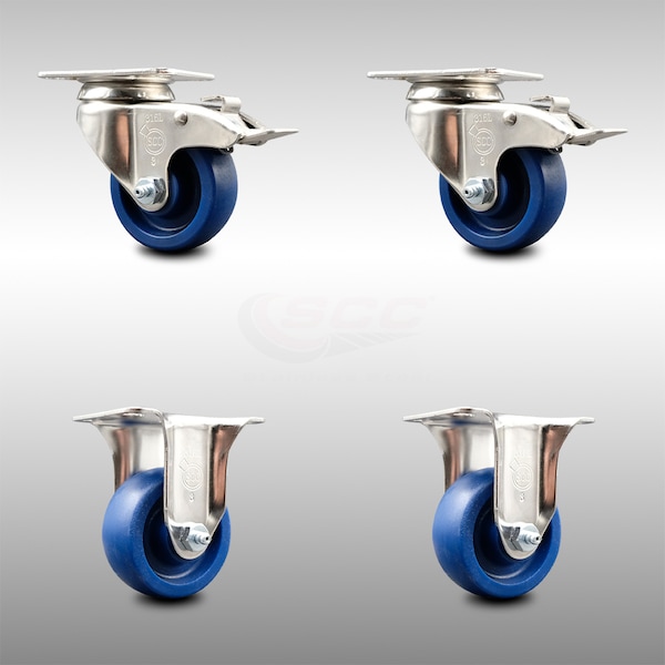 Service Caster 3 Inch 316SS Solid Polyurethane Swivel Top Plate Caster Lock Brake 2 Rigid, 2PK SCC-SS316TTL20S314-SPUS-2-R-2 - main